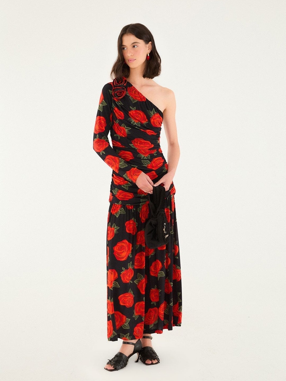 NWT Farm Rio Roses 3D Floral One Shoulder Maxi Dress XS